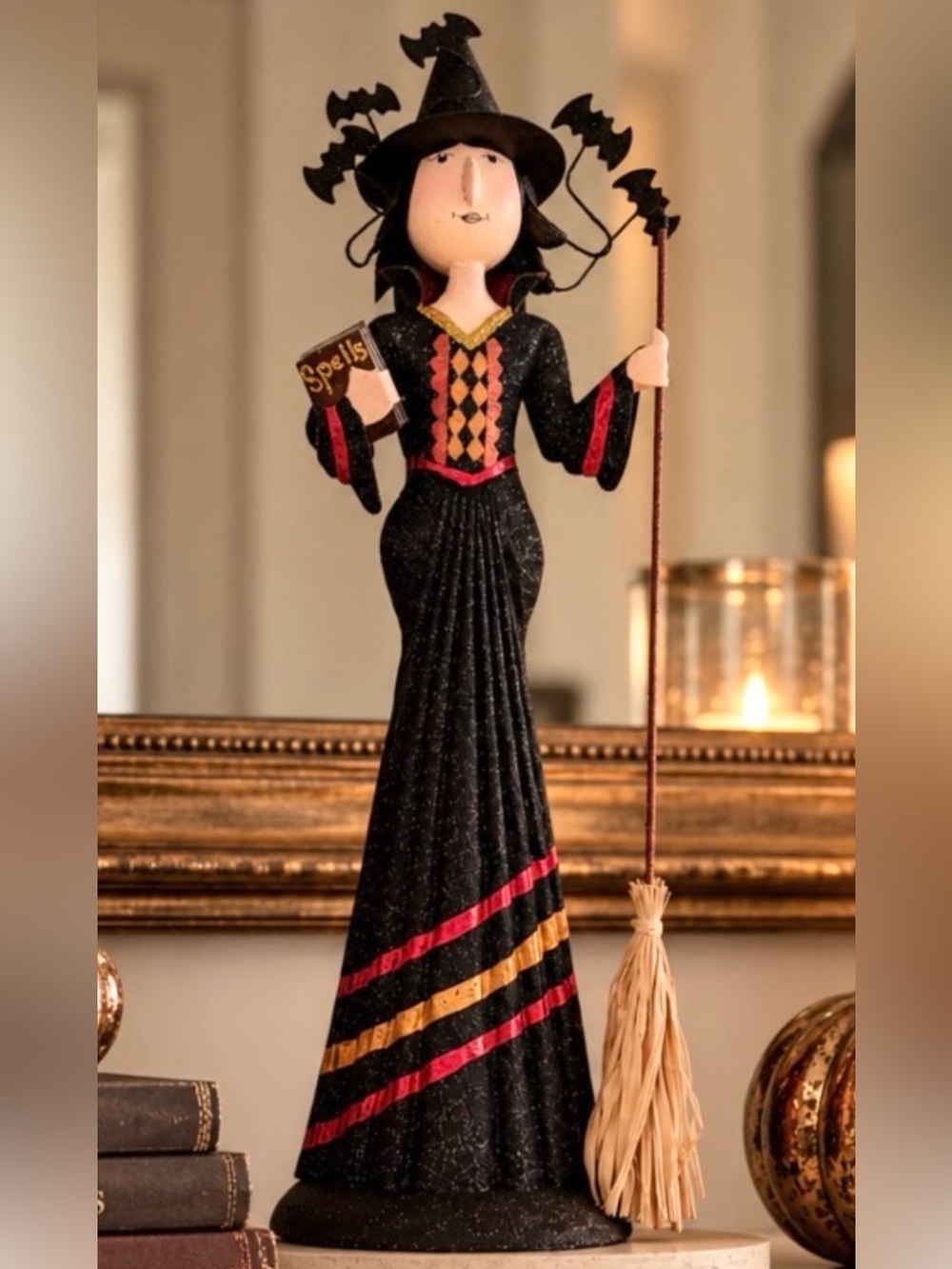 PIER 1 Halloween Witch Figurine 17” Tall
with Bats / Spells Book / Broom
